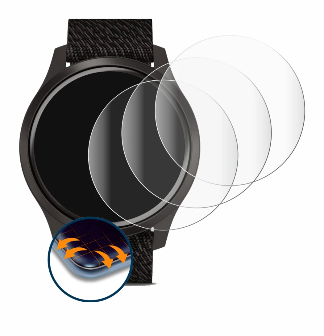 Image de l'appareil Garmin vivomove Style (42 mm) avec une grande variété de protections d'écran.