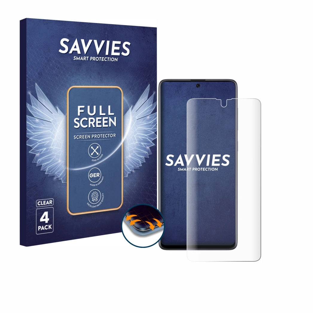 Face avant d’un emballage produit avec le logo de la marque Savvies. À côté, l’appareil Samsung Galaxy A71 est représenté avec