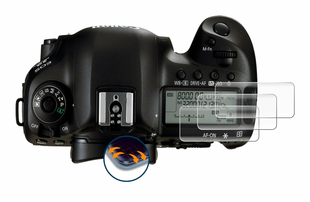 Image de l'appareil Canon EOS 5D Mark IV (affichage des épaules) avec une grande variété de protections d'écran.