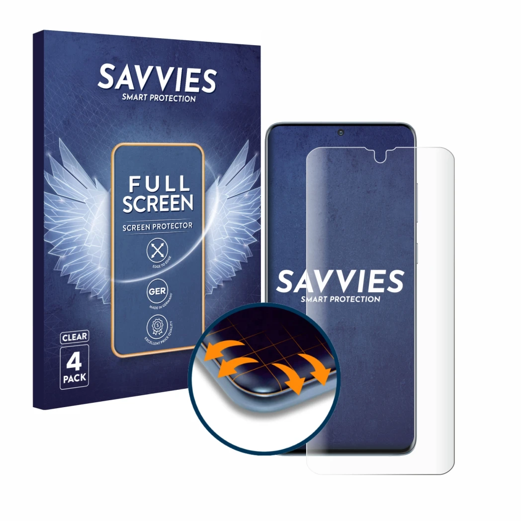 Face avant d’un emballage produit avec le logo de la marque Savvies. À côté, l’appareil Samsung Galaxy S20 Plus est représenté