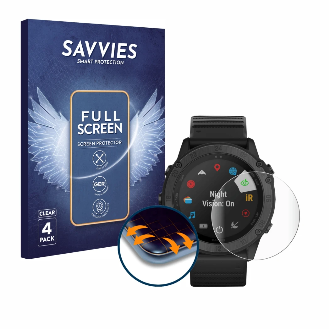 Face avant d’un emballage produit avec le logo de la marque Savvies. À côté, l’appareil Garmin Tactix Delta est représenté ave