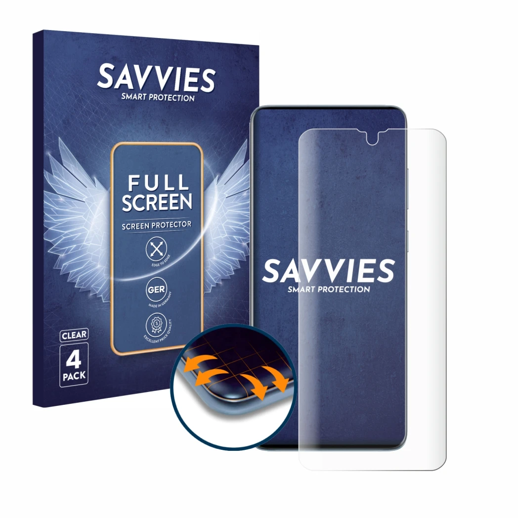 Face avant d’un emballage produit avec le logo de la marque Savvies. À côté, l’appareil Samsung Galaxy S20 Plus 5G est représe