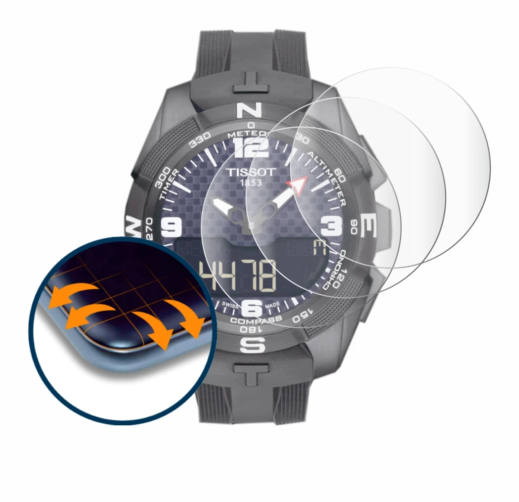 Image de l'appareil Tissot T-Touch Connect Solar avec une grande variété de protections d'écran.