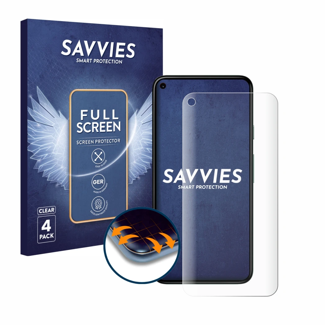Face avant d’un emballage produit avec le logo de la marque Savvies. À côté, l’appareil Google Pixel 5 est représenté avec la 