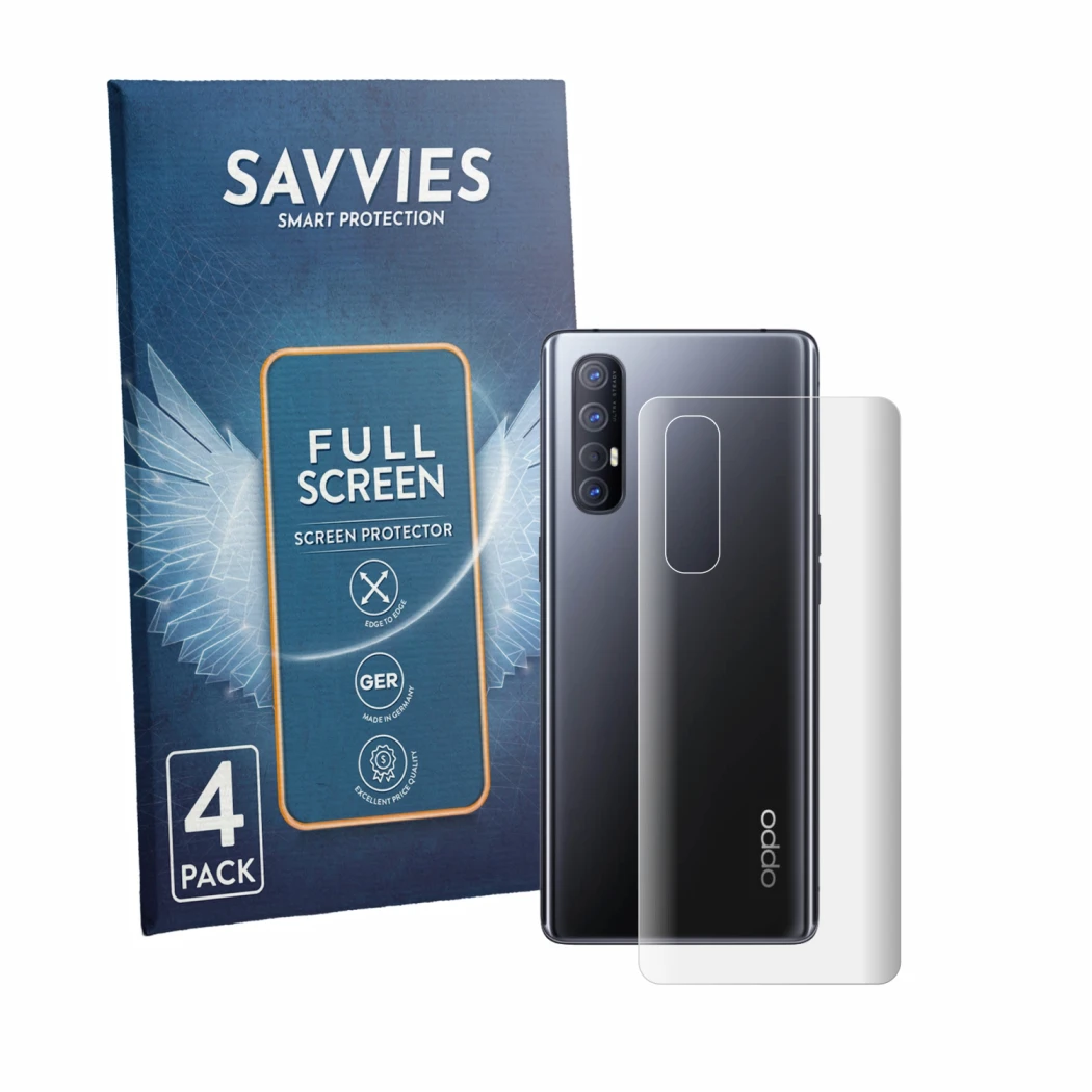 Face avant d’un emballage produit avec le logo de la marque Savvies. À côté, l’appareil Oppo Find X2 Neo (Arrière) est représe