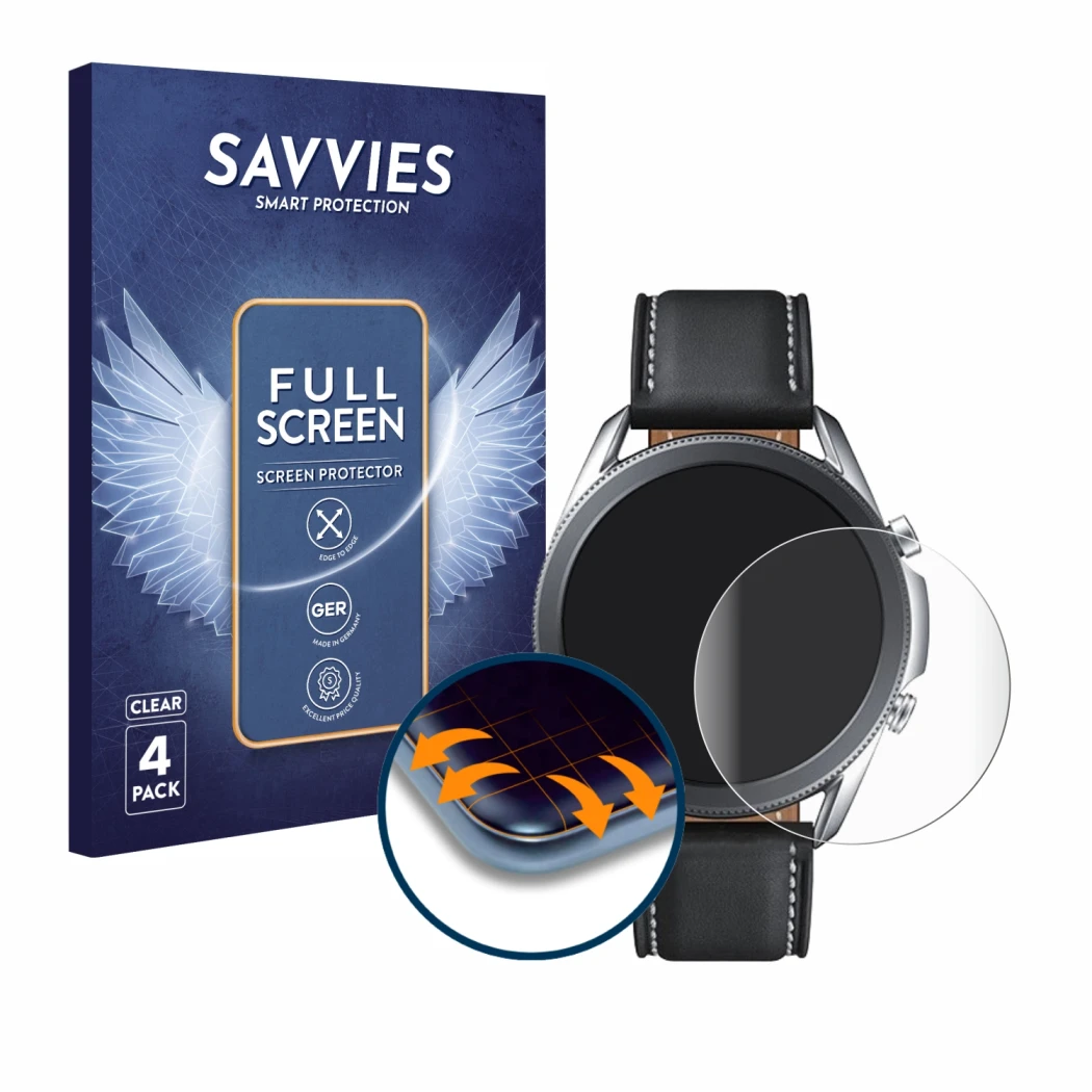 Face avant d’un emballage produit avec le logo de la marque Savvies. À côté, l’appareil Samsung Galaxy Watch 3 (45mm) est repr