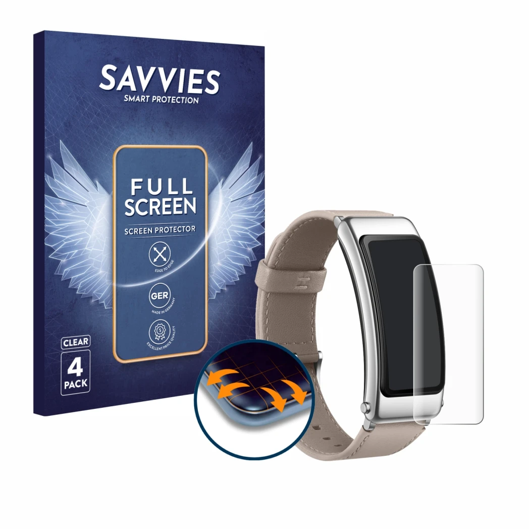 Face avant d’un emballage produit avec le logo de la marque Savvies. À côté, l’appareil Huawei TalkBand B6 est représenté avec