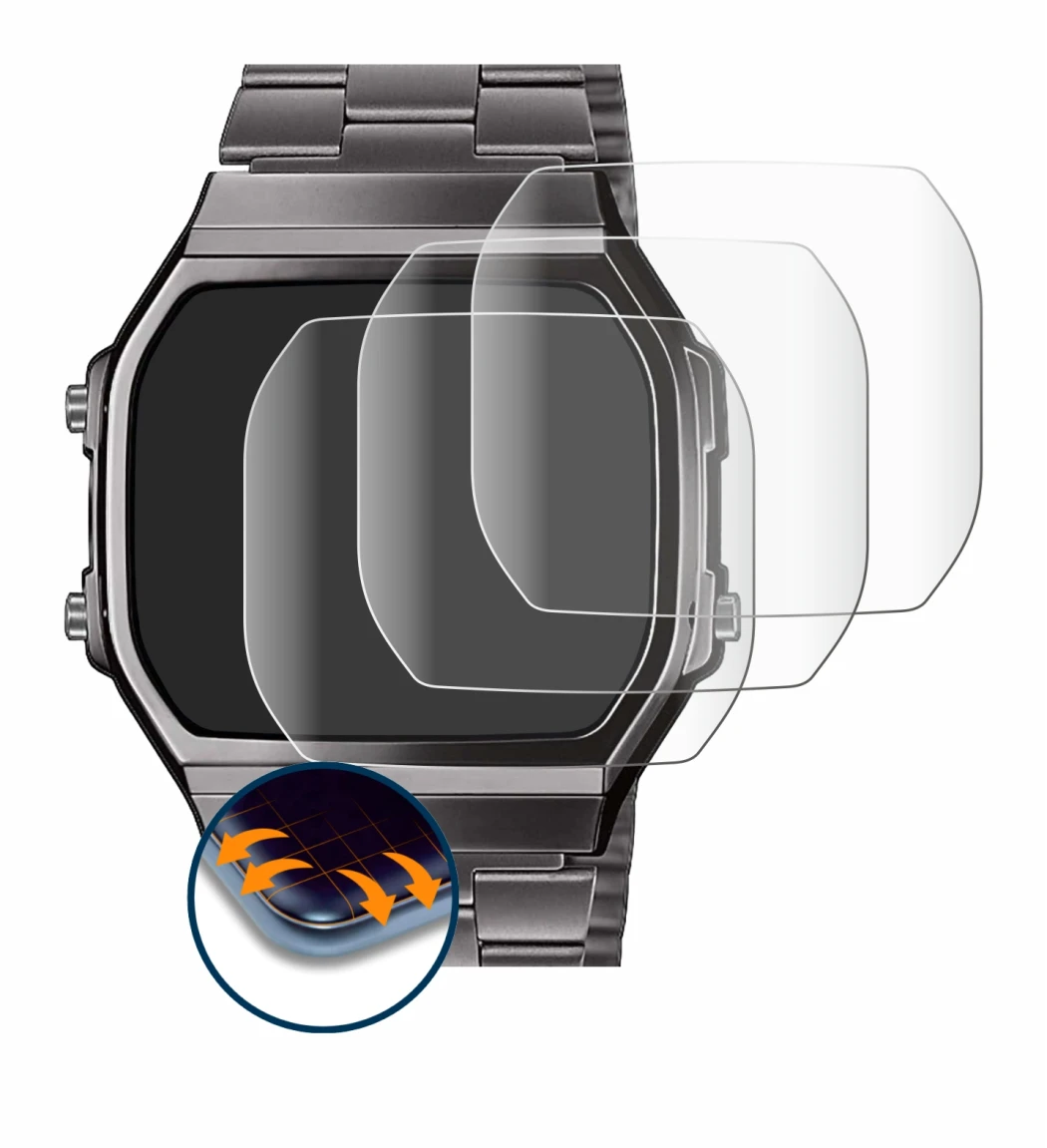 Image de l'appareil Casio A168WEGG-1BEF avec une grande variété de protections d'écran.