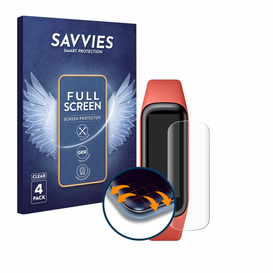 Face avant d’un emballage produit avec le logo de la marque Savvies. À côté, l’appareil Samsung Galaxy Fit2 est représenté ave