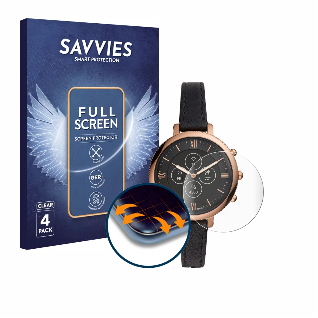 Face avant d’un emballage produit avec le logo de la marque Savvies. À côté, l’appareil Fossil Monroe HR est représenté avec l