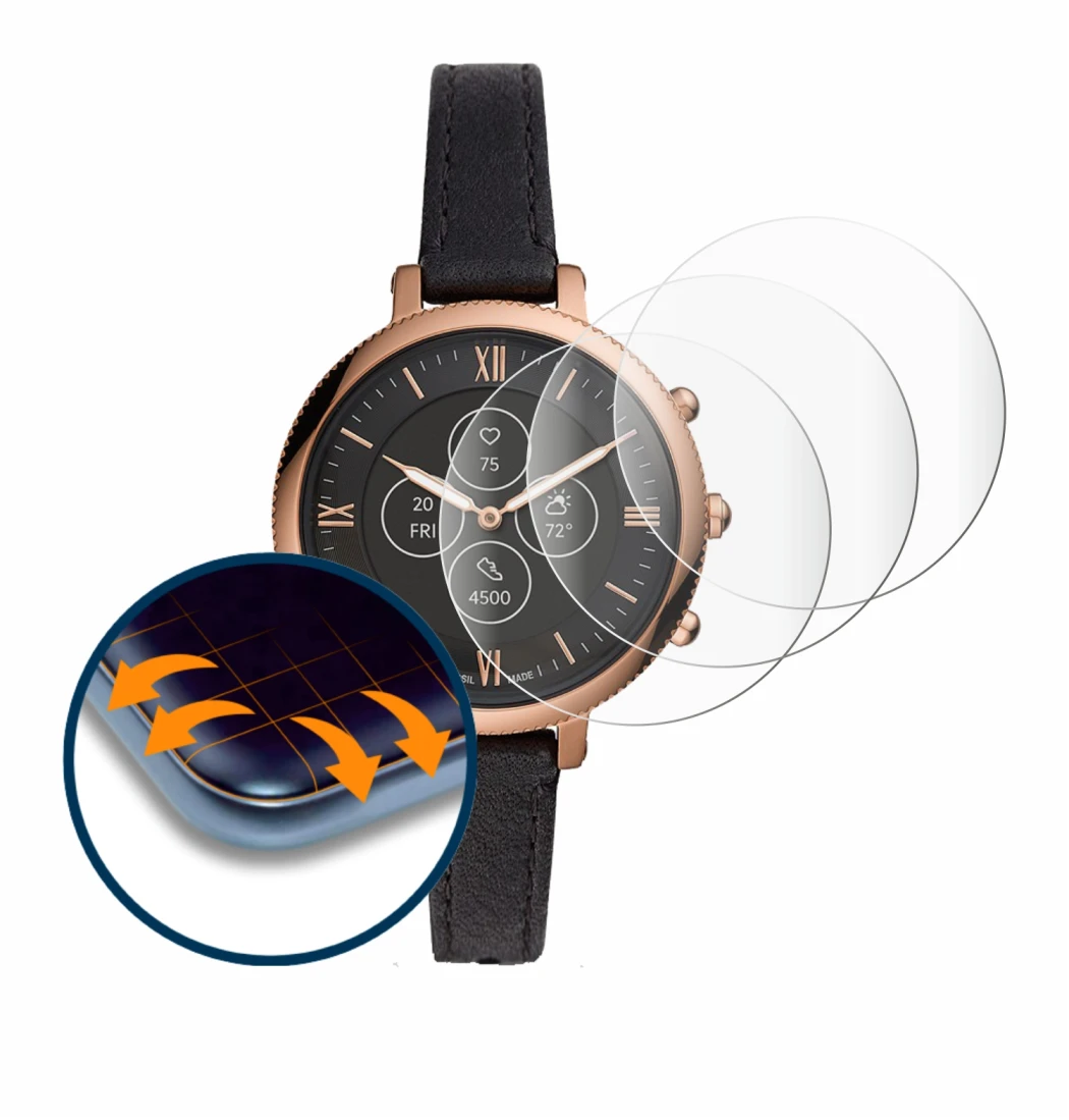 Image de l'appareil Fossil Monroe HR avec une grande variété de protections d'écran.
