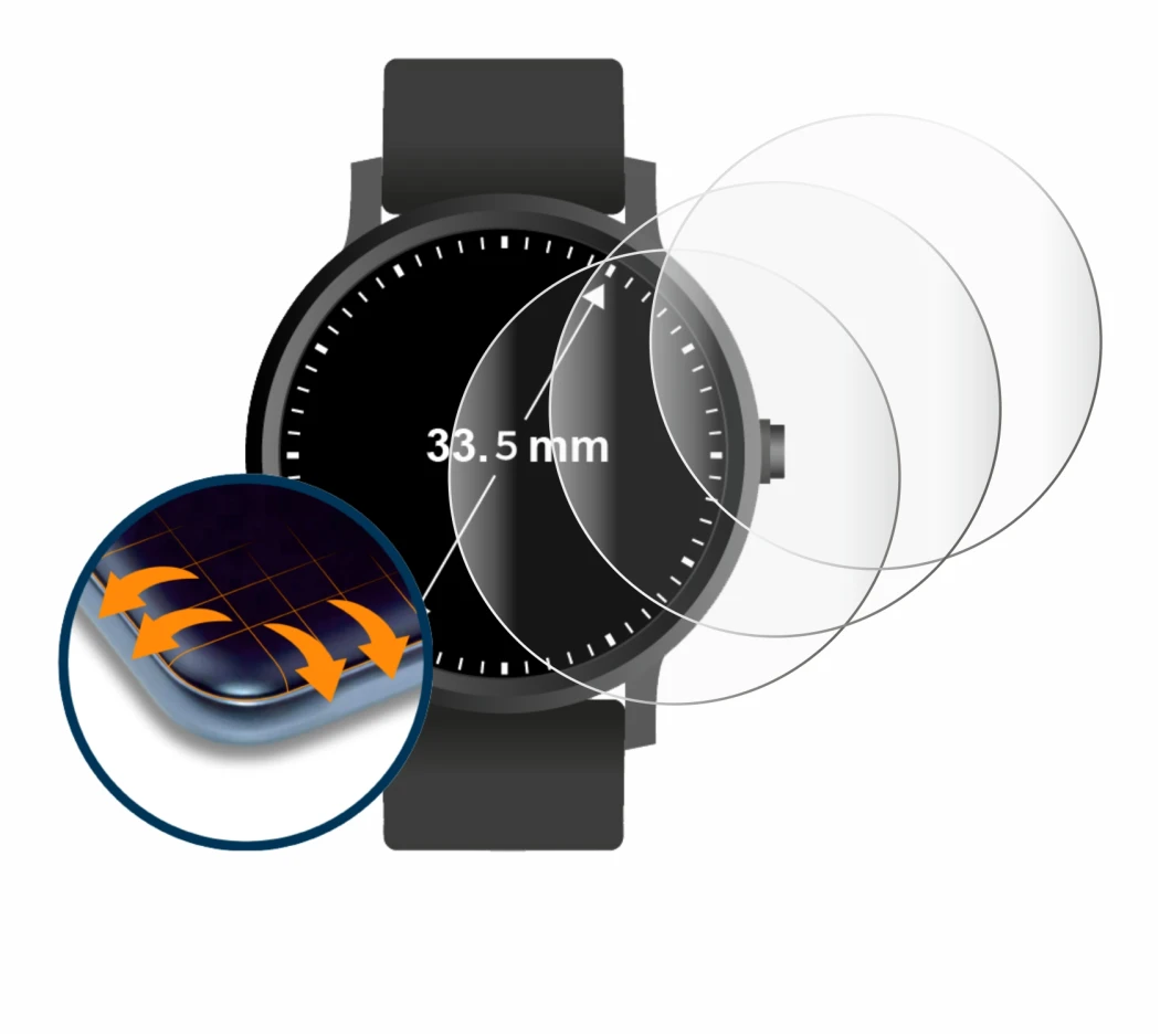 Image de l'appareil Montres (Circulaire, ø: 33.5 mm) avec une grande variété de protections d'écran.