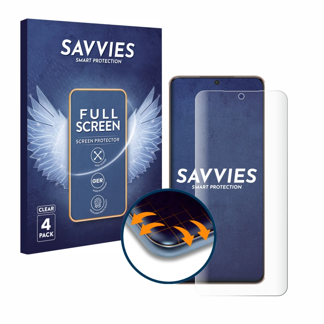 Face avant d’un emballage produit avec le logo de la marque Savvies. À côté, l’appareil Samsung Galaxy S21 Plus 5G est représe