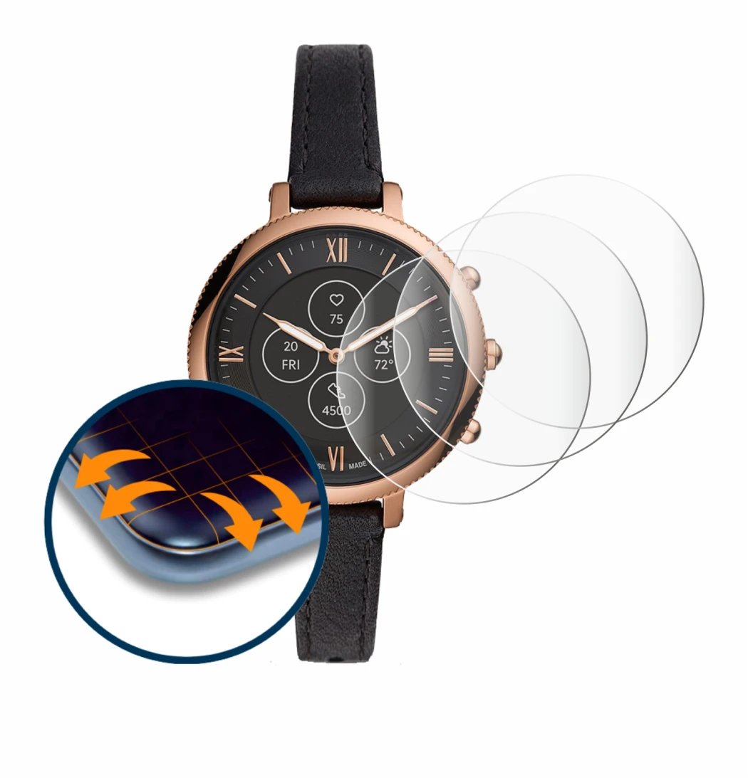 Image de l'appareil Fossil Monroe Hybrid HR avec une grande variété de protections d'écran.