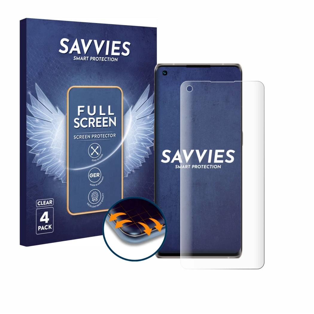 Face avant d’un emballage produit avec le logo de la marque Savvies. À côté, l’appareil Oppo Find X3 Neo est représenté avec l