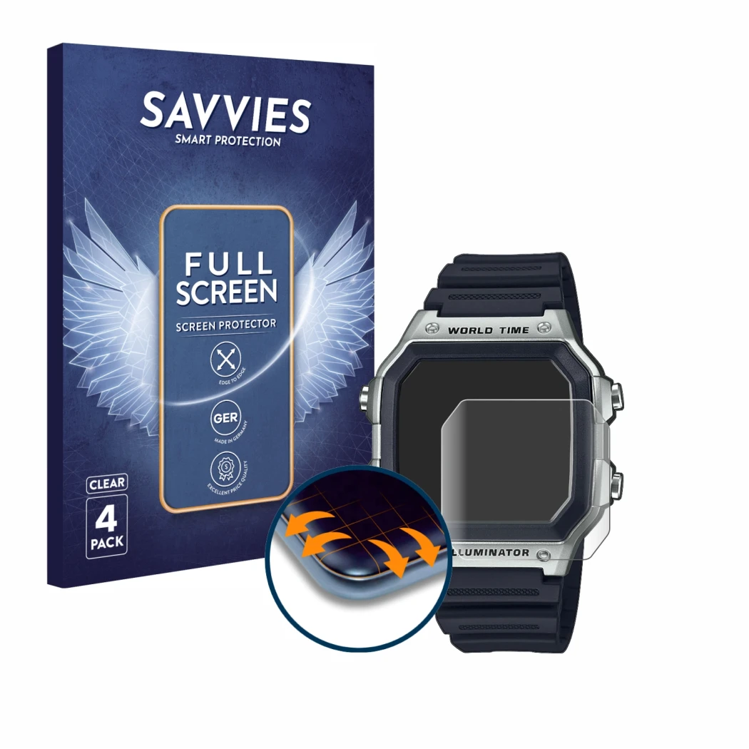 Face avant d’un emballage produit avec le logo de la marque Savvies. À côté, l’appareil Casio AE-1200WH est représenté avec la