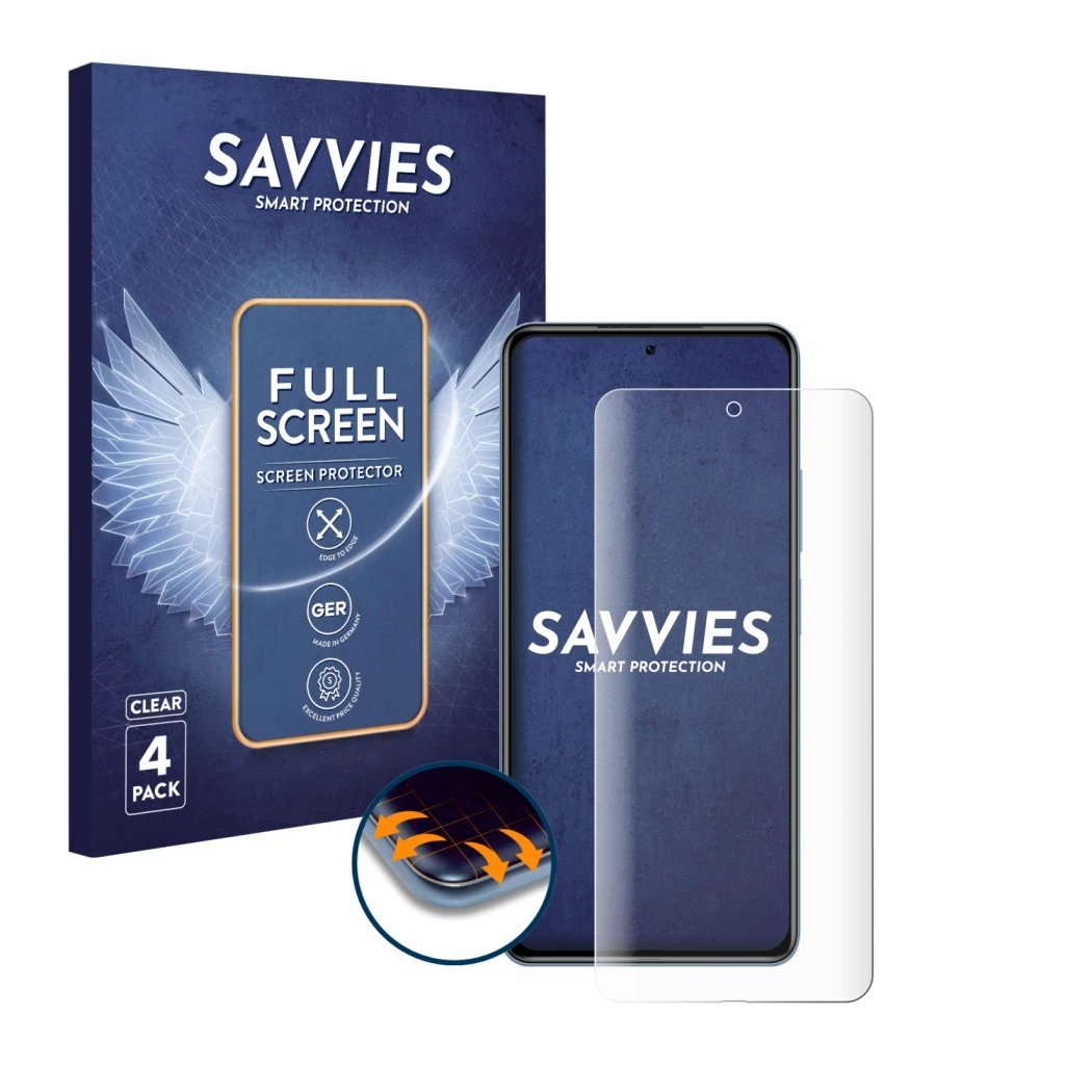 Face avant d’un emballage produit avec le logo de la marque Savvies. À côté, l’appareil Xiaomi Poco F3 est représenté avec la 