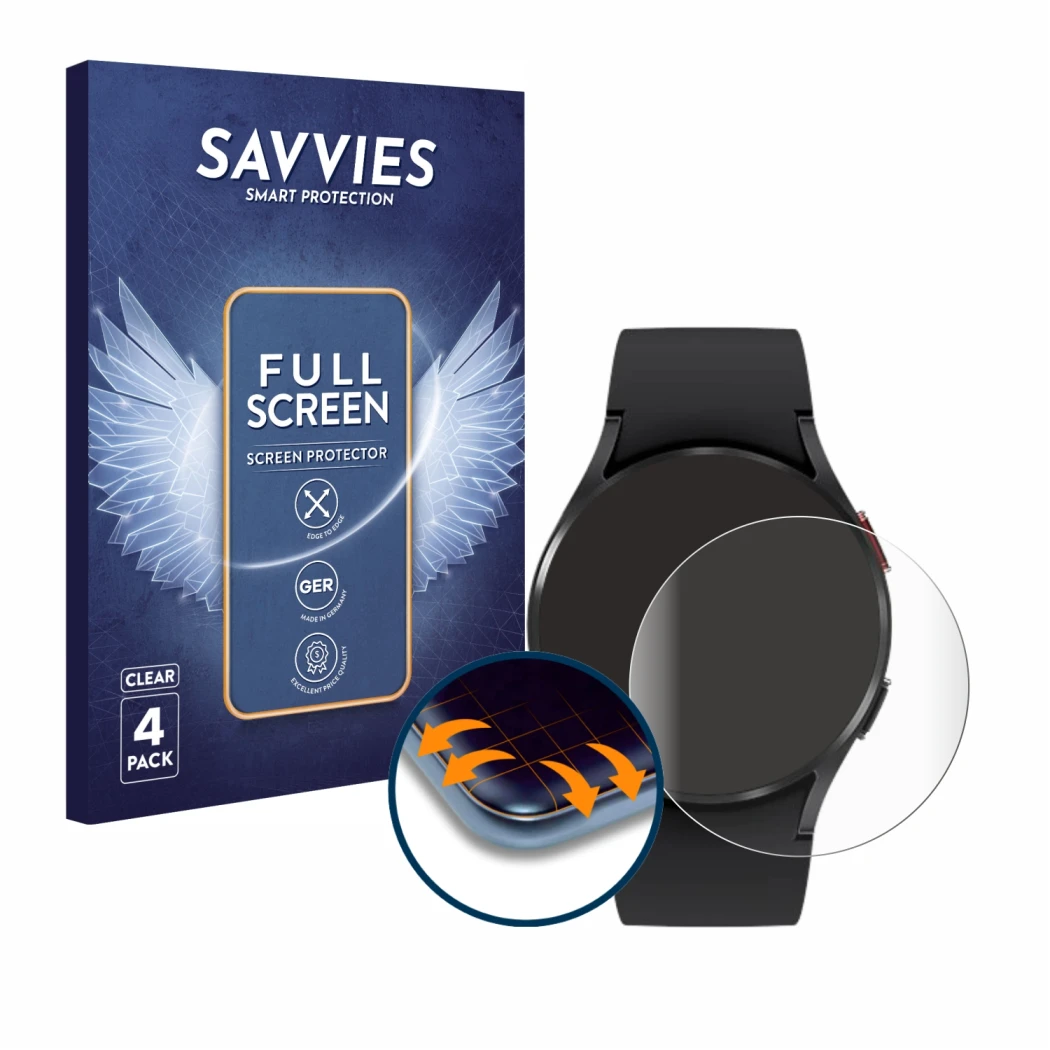 Face avant d’un emballage produit avec le logo de la marque Savvies. À côté, l’appareil Samsung Galaxy Watch 4 (40mm) est repr
