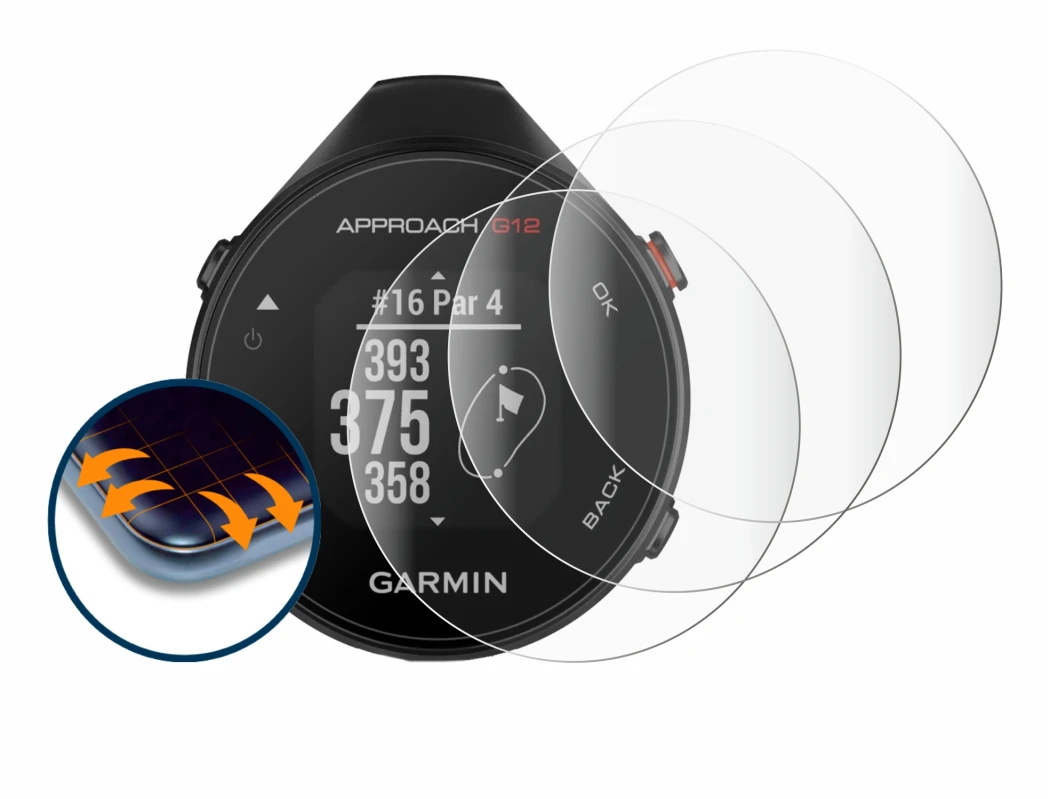 Image de l'appareil Garmin Approach G12 avec une grande variété de protections d'écran.