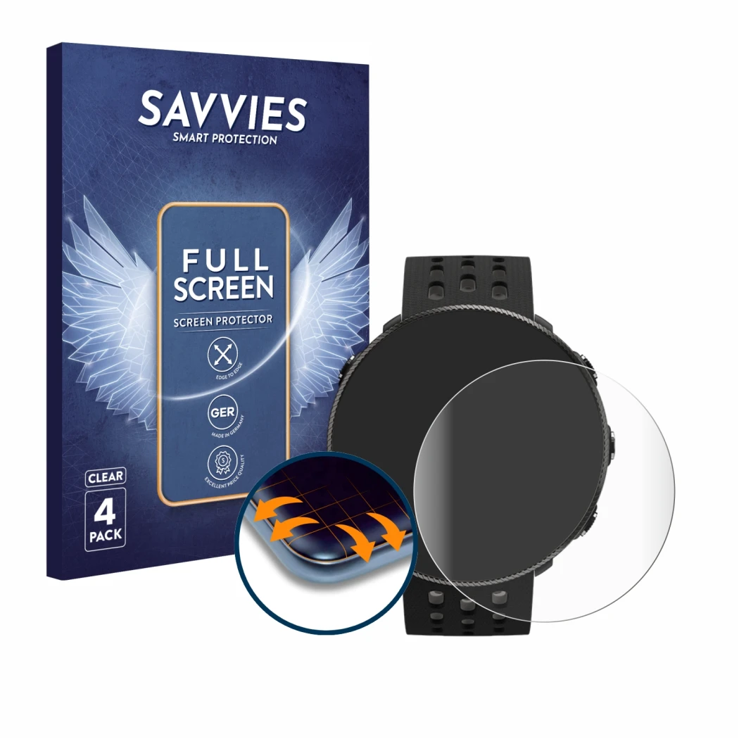 Face avant d’un emballage produit avec le logo de la marque Savvies. À côté, l’appareil Polar Vantage M2 est représenté avec l
