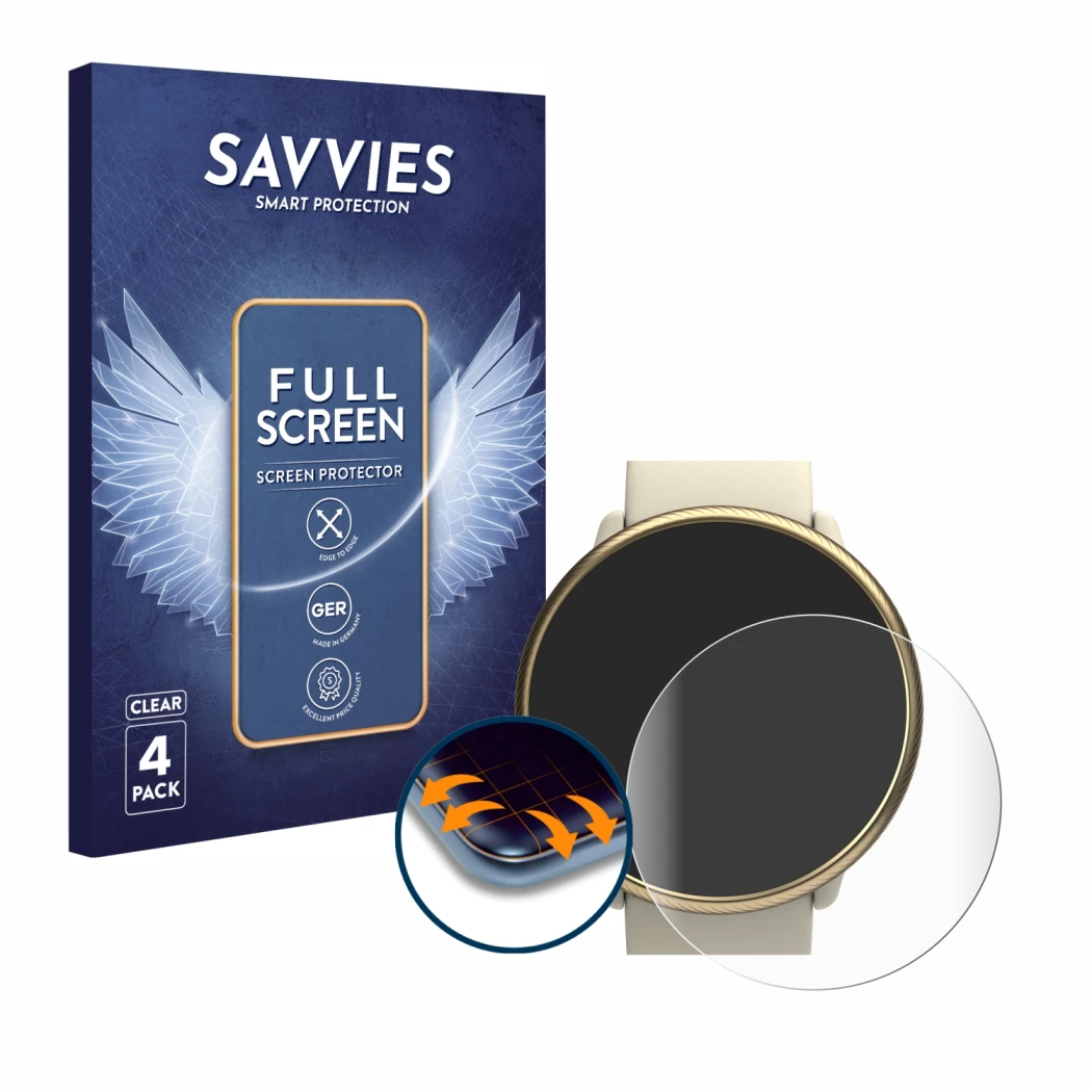 Face avant d’un emballage produit avec le logo de la marque Savvies. À côté, l’appareil Polar Ignite 2 est représenté avec la 