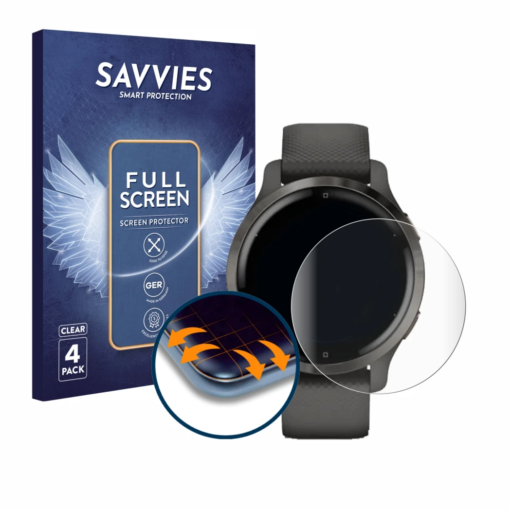 Face avant d’un emballage produit avec le logo de la marque Savvies. À côté, l’appareil Garmin Venu 2S est représenté avec la 