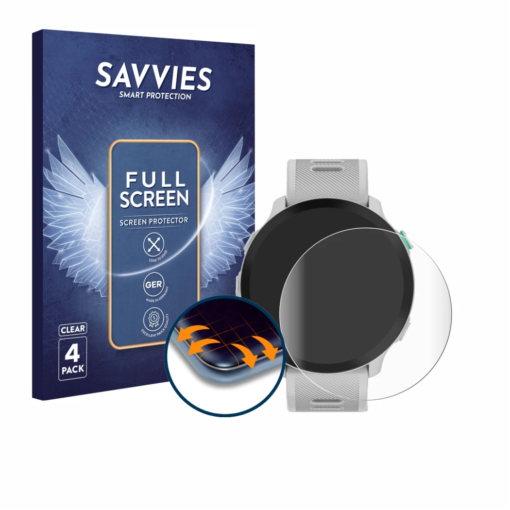 Face avant d’un emballage produit avec le logo de la marque Savvies. À côté, l’appareil Garmin Forerunner 55 est représenté av