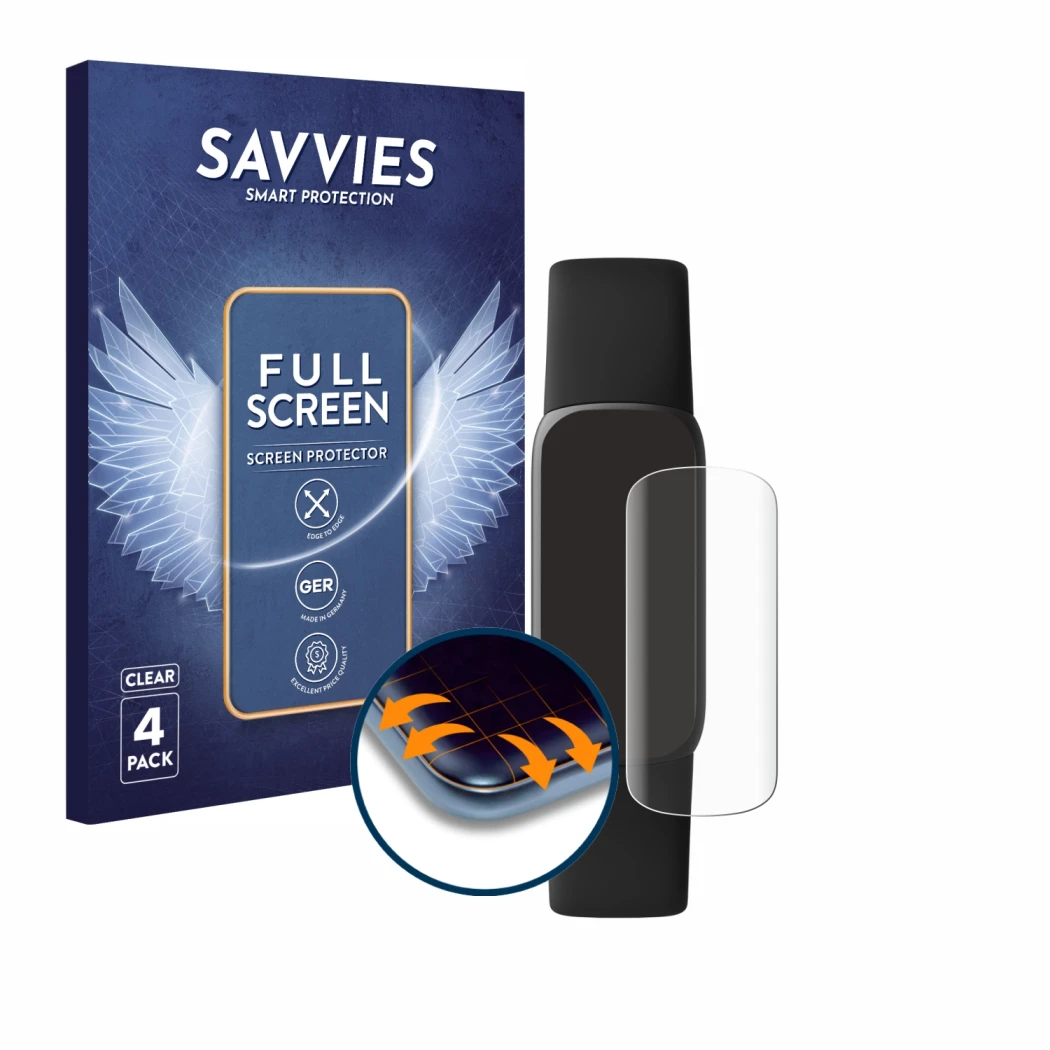 Face avant d’un emballage produit avec le logo de la marque Savvies. À côté, l’appareil Fitbit Luxe est représenté avec la pro