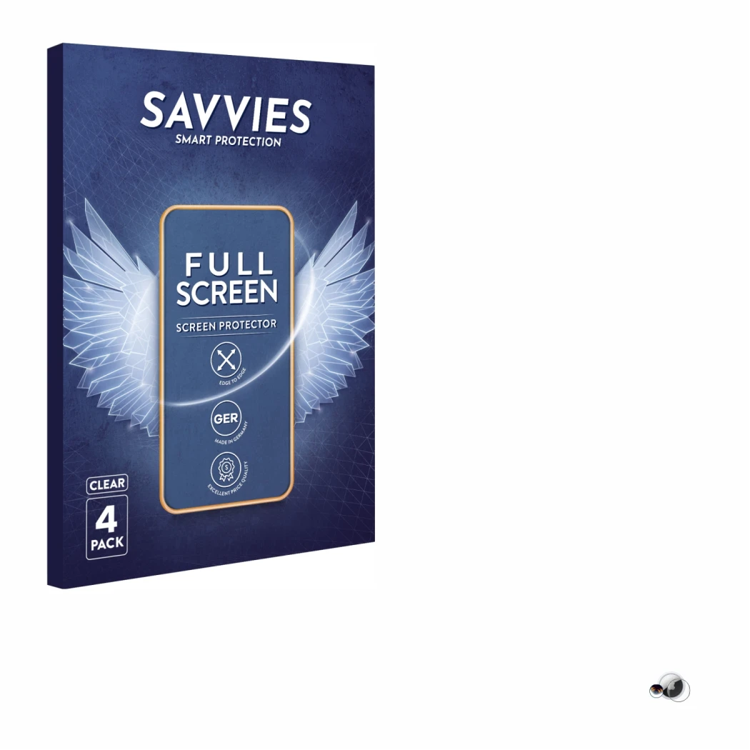 Face avant d’un emballage produit avec le logo de la marque Savvies. À côté, l’appareil Apple AirTag est représenté avec la pr