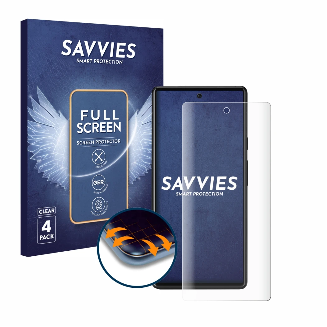 Face avant d’un emballage produit avec le logo de la marque Savvies. À côté, l’appareil Google Pixel 6 est représenté avec la 