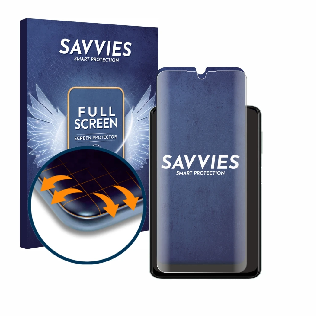Face avant d’un emballage produit avec le logo de la marque Savvies. À côté, l’appareil Samsung Galaxy A22 4G est représenté a