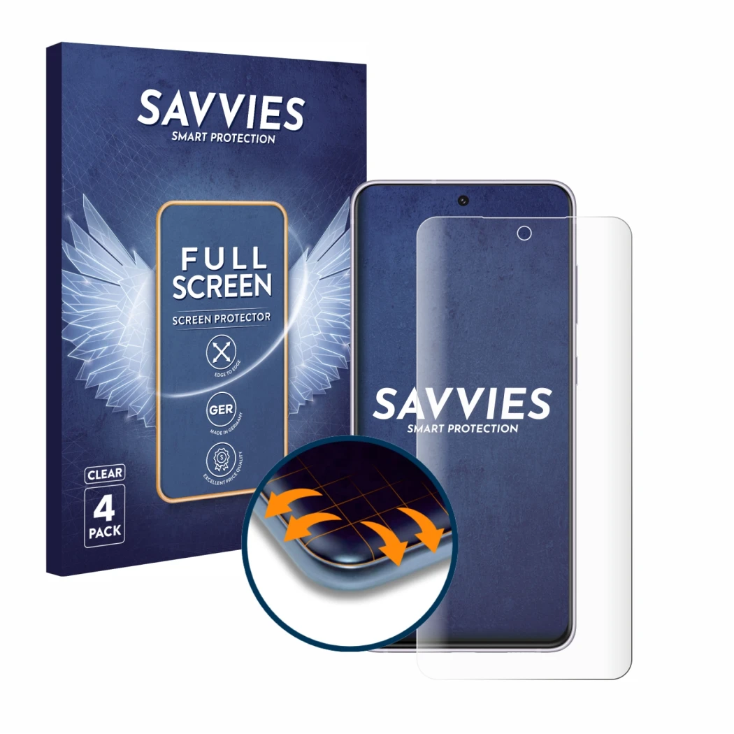 Face avant d’un emballage produit avec le logo de la marque Savvies. À côté, l’appareil Samsung Galaxy S21 FE 5G est représent