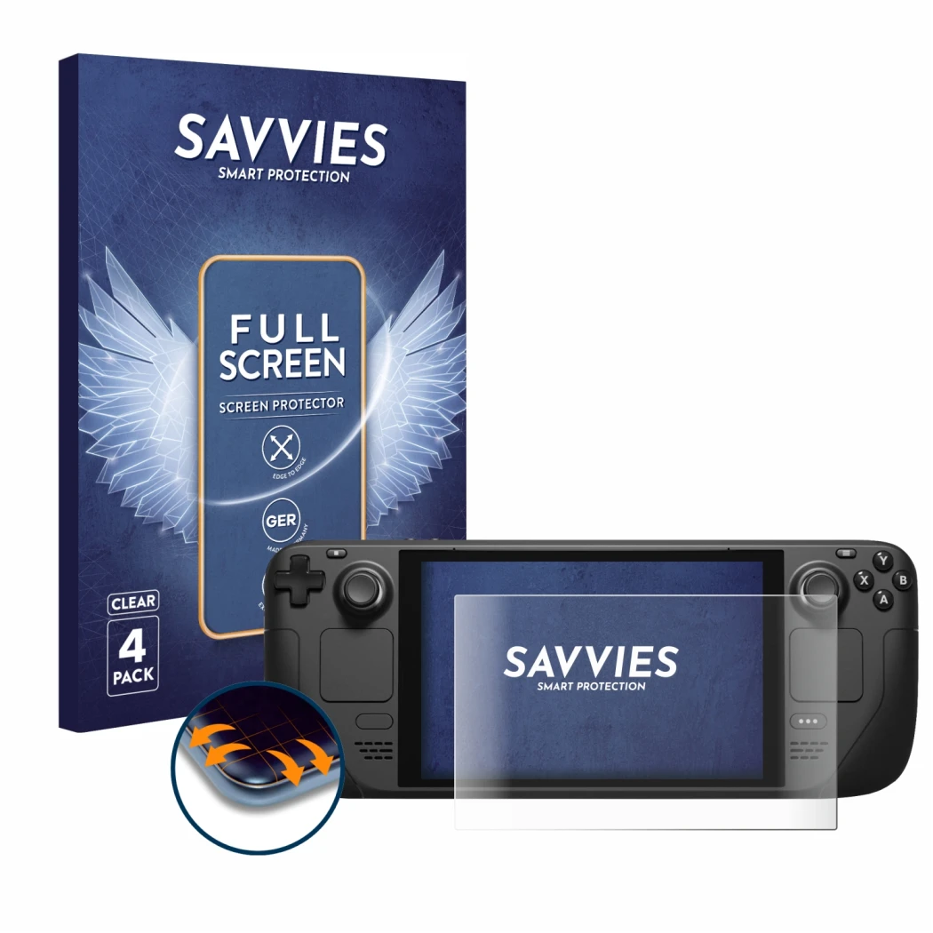 Face avant d’un emballage produit avec le logo de la marque Savvies. À côté, l’appareil Valve Steam Deck est représenté avec l