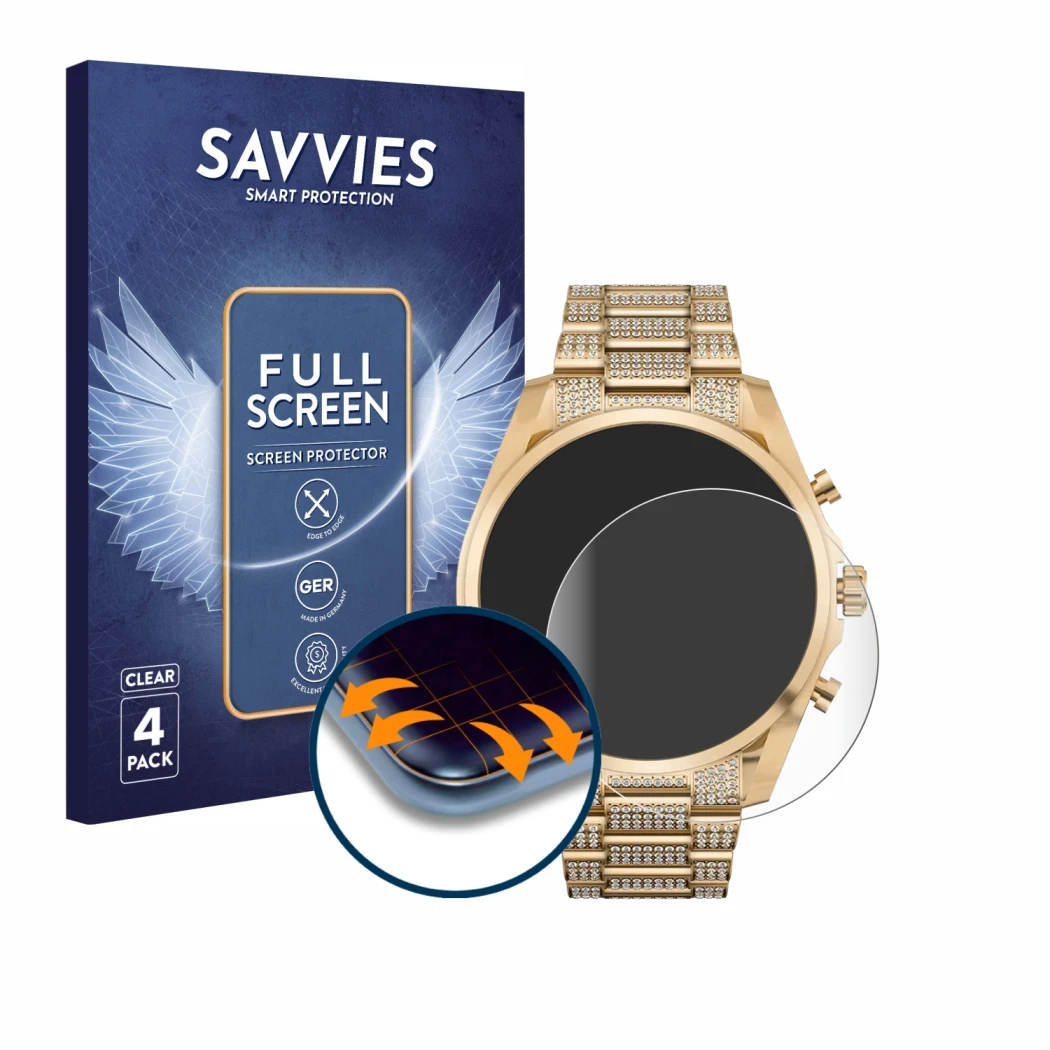 Face avant d’un emballage produit avec le logo de la marque Savvies. À côté, l’appareil Michael Kors Access Gen 6 Bradshaw est