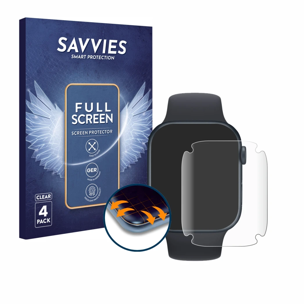 Face avant d’un emballage produit avec le logo de la marque Savvies. À côté, l’appareil Apple Watch Series 7 (45 mm) est repré