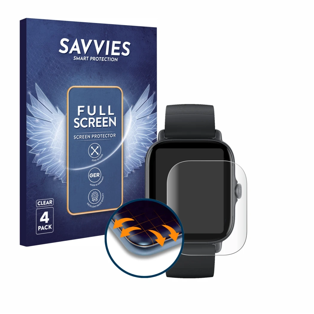 Face avant d’un emballage produit avec le logo de la marque Savvies. À côté, l’appareil Huami Amazfit GTS 3 est représenté ave