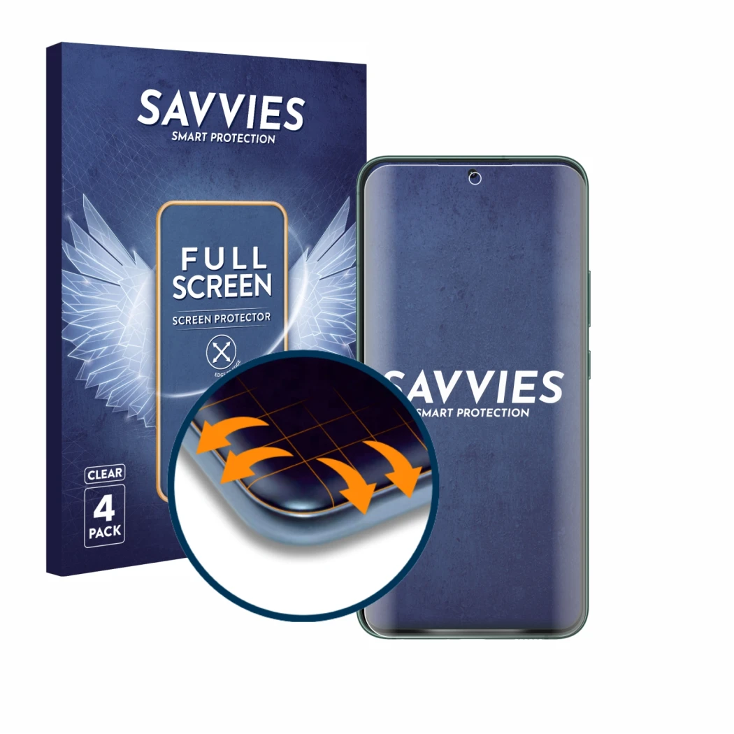 Face avant d’un emballage produit avec le logo de la marque Savvies. À côté, l’appareil Samsung Galaxy S22 Plus 5G est représe