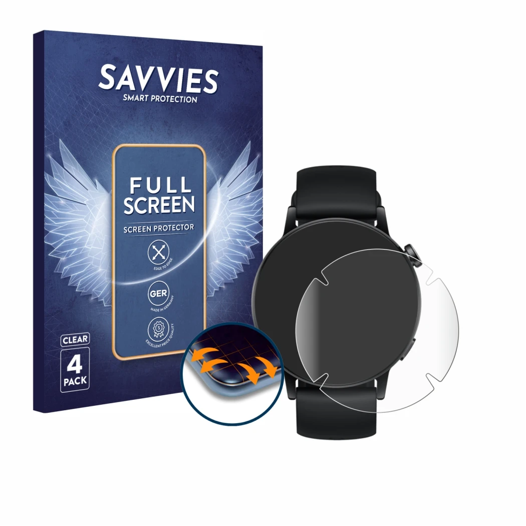 Face avant d’un emballage produit avec le logo de la marque Savvies. À côté, l’appareil Huawei Watch GT 3 (42 mm) est représen