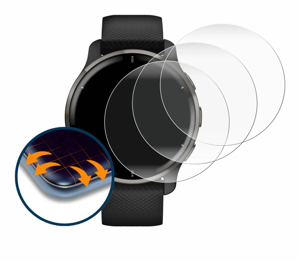 Image de l'appareil Garmin Venu 2 Plus avec une grande variété de protections d'écran.