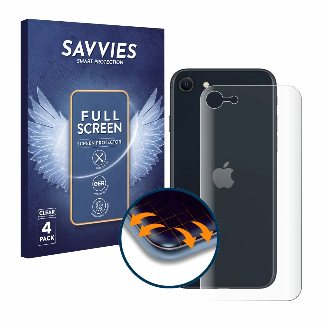 Face avant d’un emballage produit avec le logo de la marque Savvies. À côté, l’appareil Apple iPhone SE 3 2022 (Arrière) est r