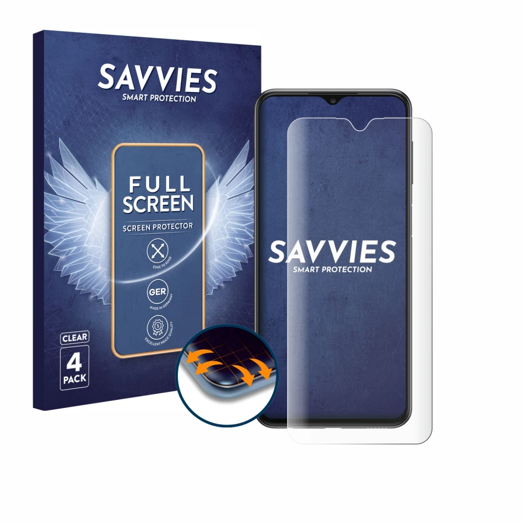 Face avant d’un emballage produit avec le logo de la marque Savvies. À côté, l’appareil Samsung Galaxy A23 est représenté avec