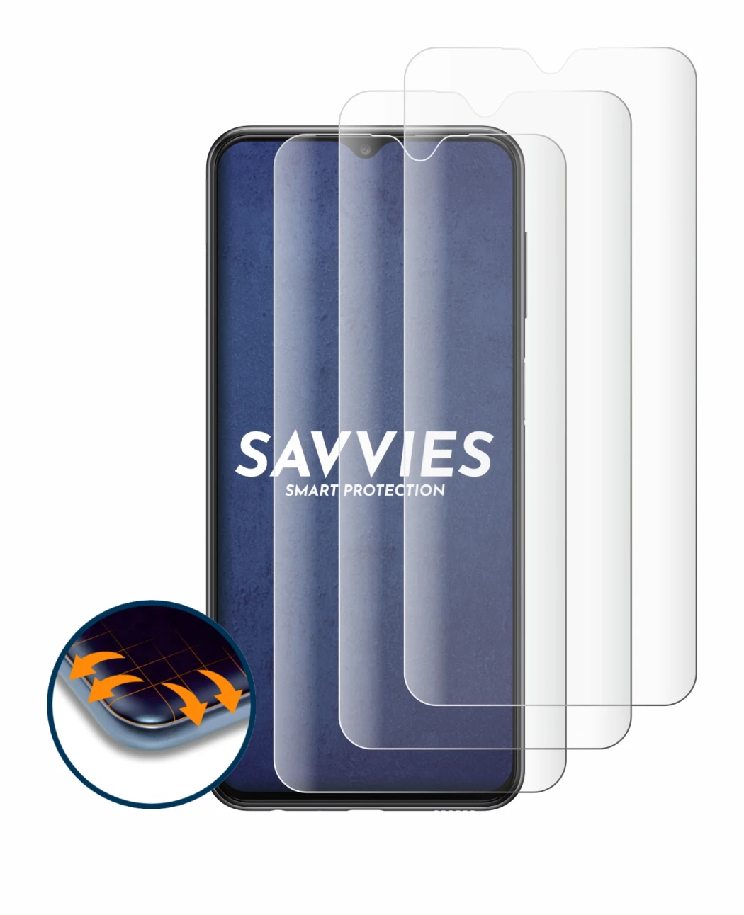 Image de l'appareil Samsung Galaxy A23 avec une grande variété de protections d'écran.