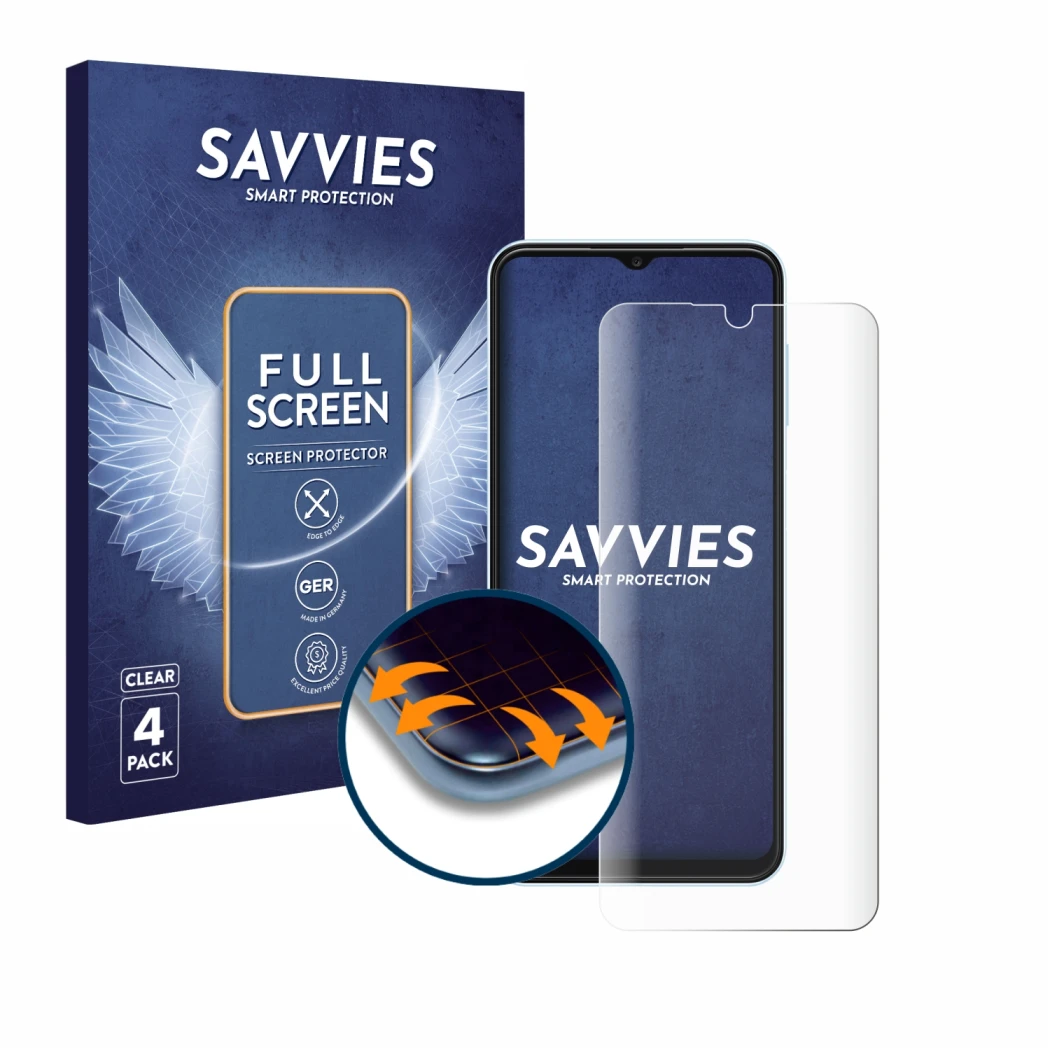 Face avant d’un emballage produit avec le logo de la marque Savvies. À côté, l’appareil Samsung Galaxy A13 est représenté avec