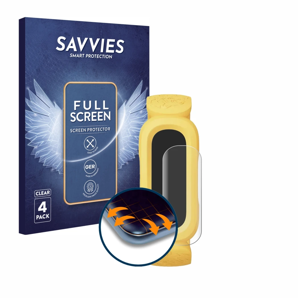 Face avant d’un emballage produit avec le logo de la marque Savvies. À côté, l’appareil Fitbit Ace 3 Minions Special Edition e