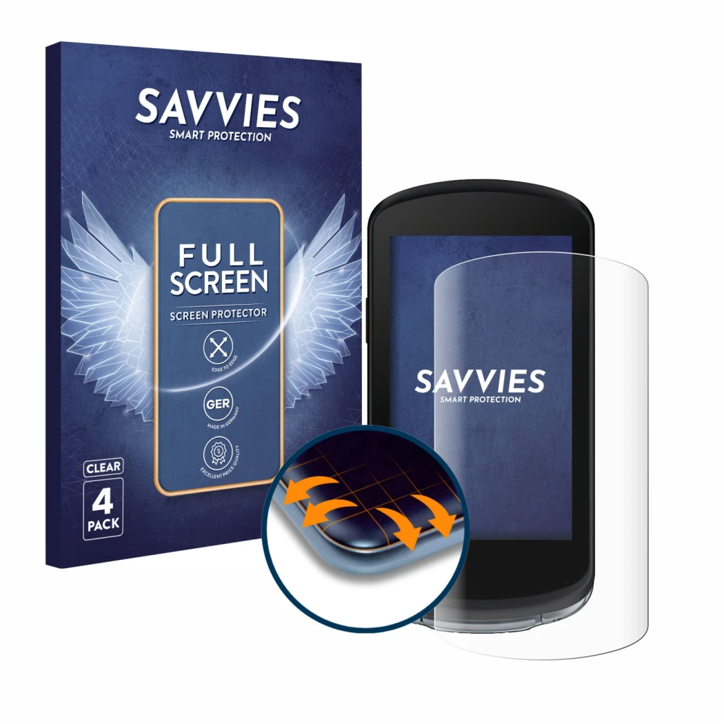 Face avant d’un emballage produit avec le logo de la marque Savvies. À côté, l’appareil Garmin Edge 1040 est représenté avec l