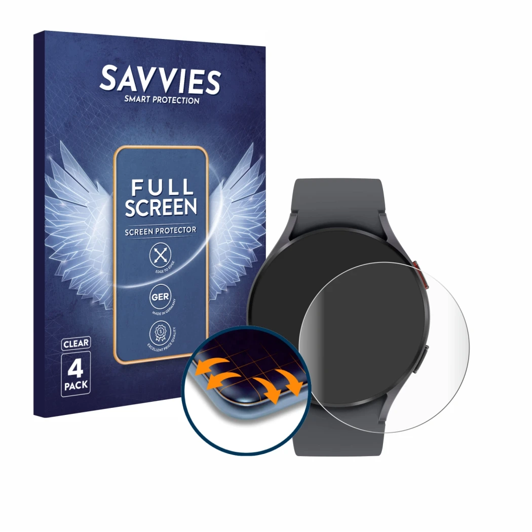 Face avant d’un emballage produit avec le logo de la marque Savvies. À côté, l’appareil Samsung Galaxy Watch 5 (44mm) est repr