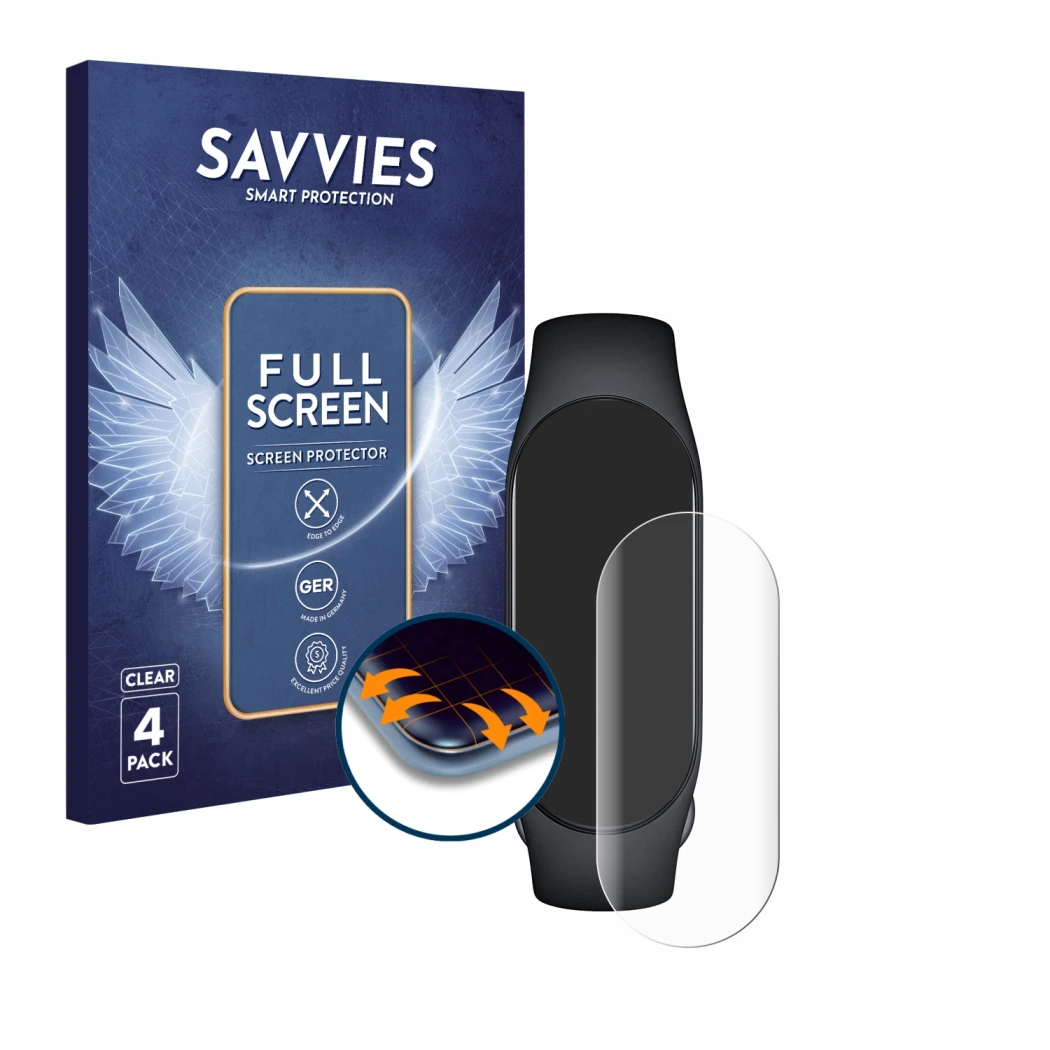 Face avant d’un emballage produit avec le logo de la marque Savvies. À côté, l’appareil Xiaomi Smart Band 7 est représenté ave