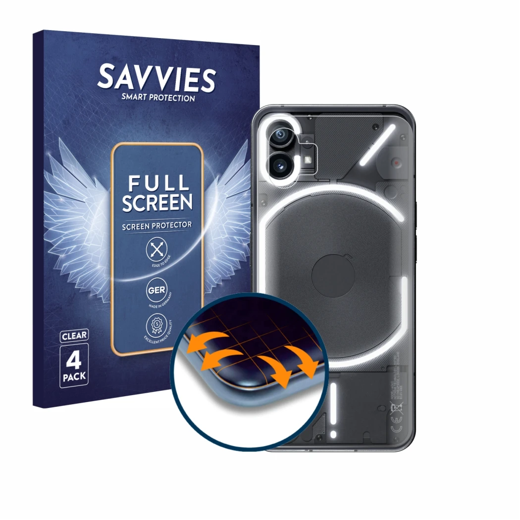 Face avant d’un emballage produit avec le logo de la marque Savvies. À côté, l’appareil Nothing Phone (1) (Arrière) est représ