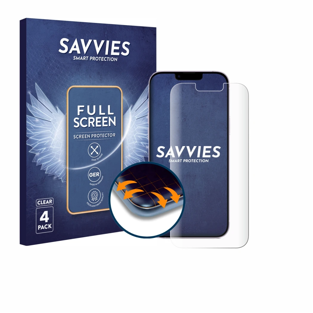 Face avant d’un emballage produit avec le logo de la marque Savvies. À côté, l’appareil Apple iPhone 14 Plus est représenté av