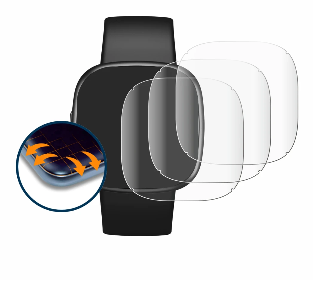 Image de l'appareil Fitbit Versa 4 avec une grande variété de protections d'écran.